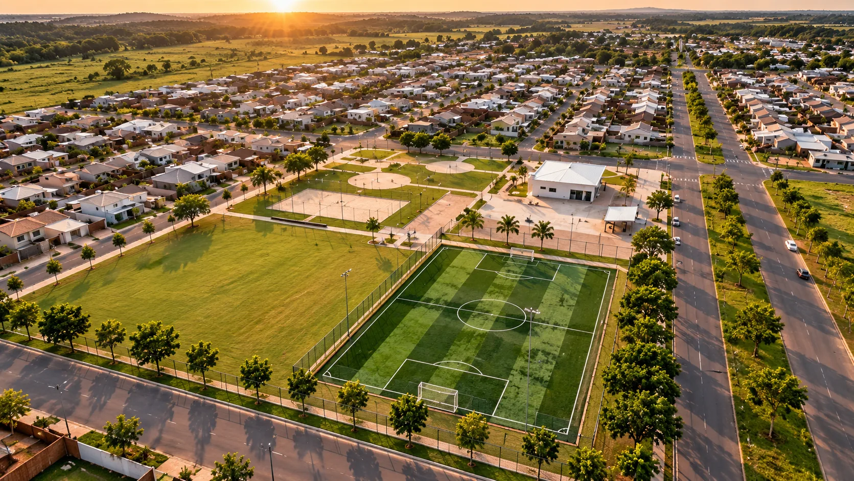 Centro de Esporte e Lazer do Residencial Kamel Saad, com campo de grama sintética e áreas esportivas