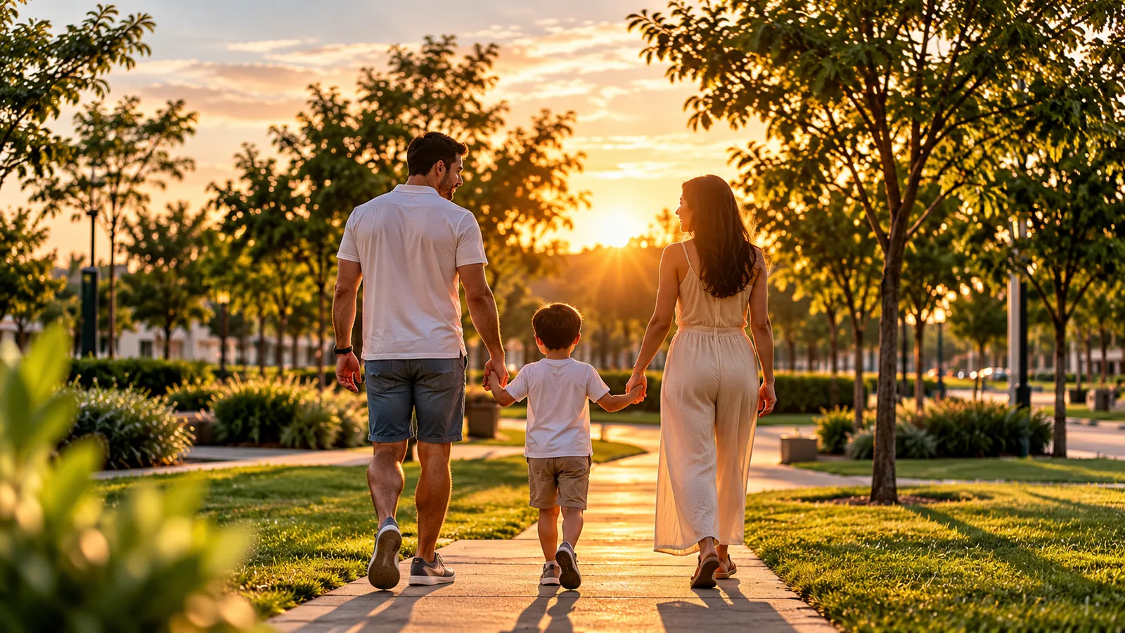 Família caminhando em área verde ao entardecer