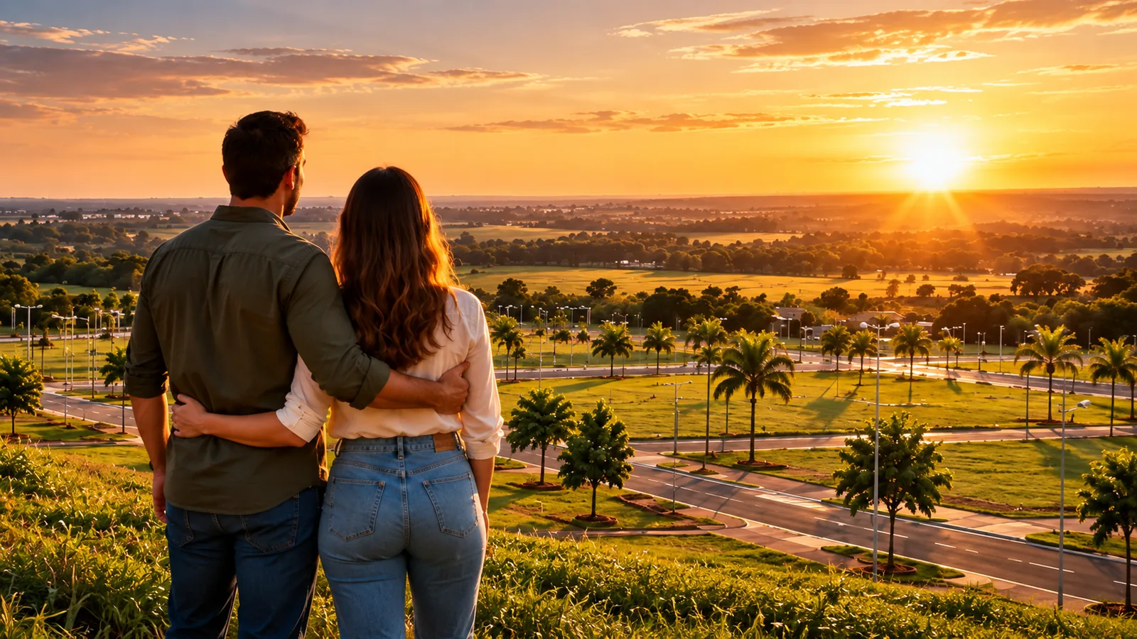 Casal observando os lotes do residencial ao pôr do sol