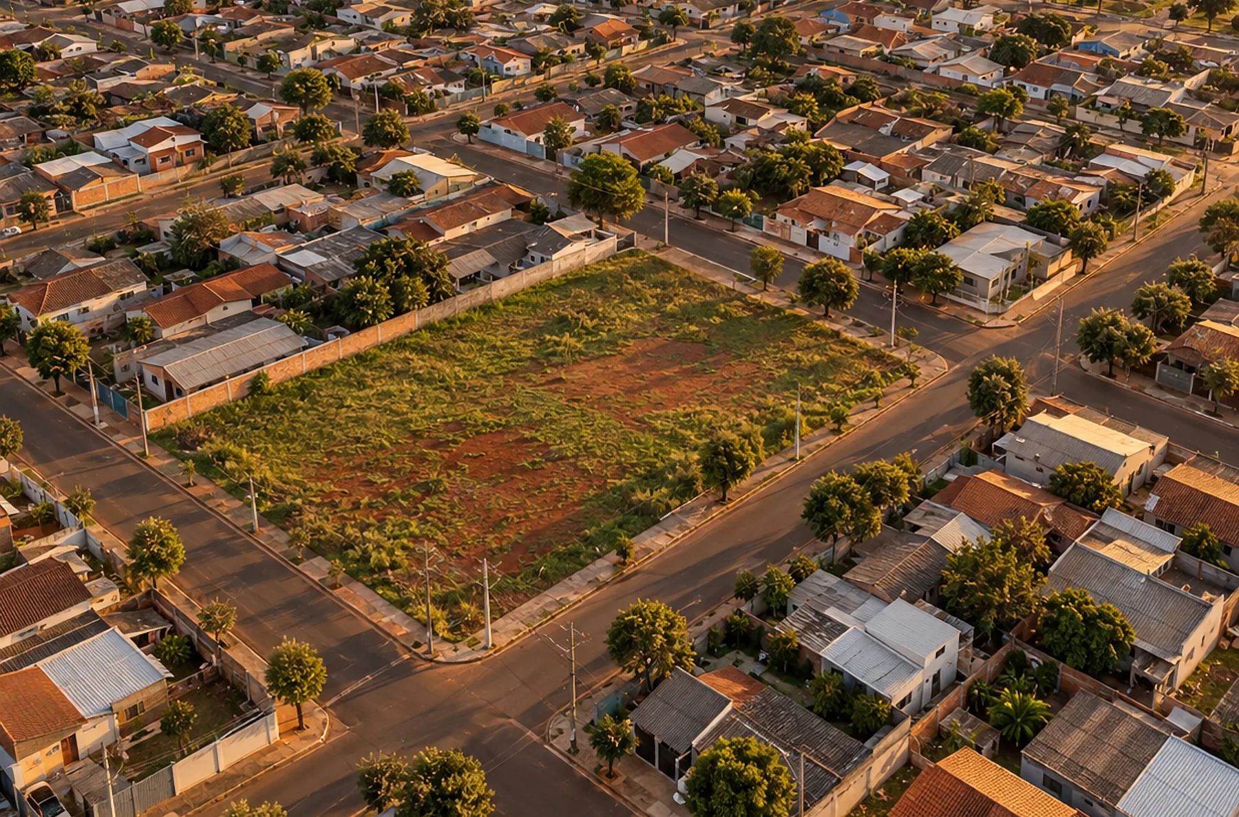 Lote à venda cercado pelas casas do bairro Kamel Saad, visto de cima ao entardecer